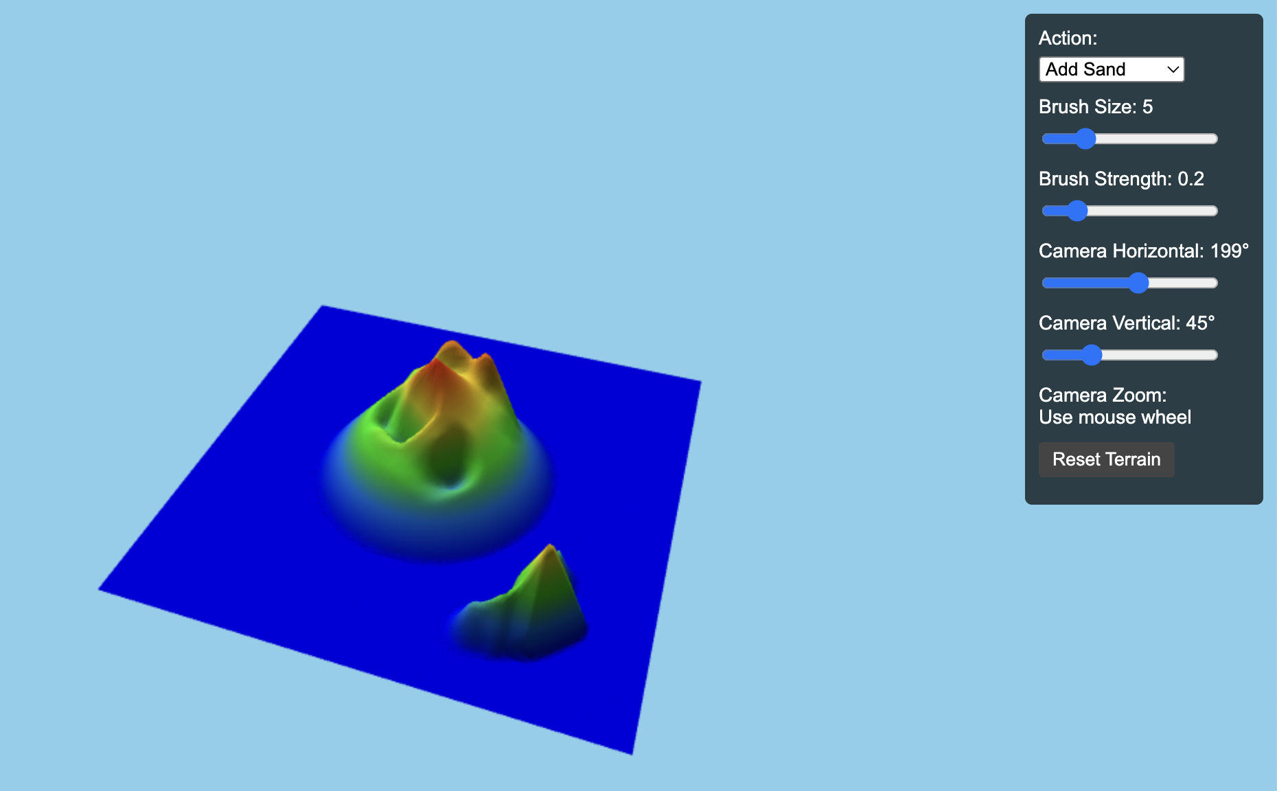 Topographical coloring on a dynamic sand heap.
